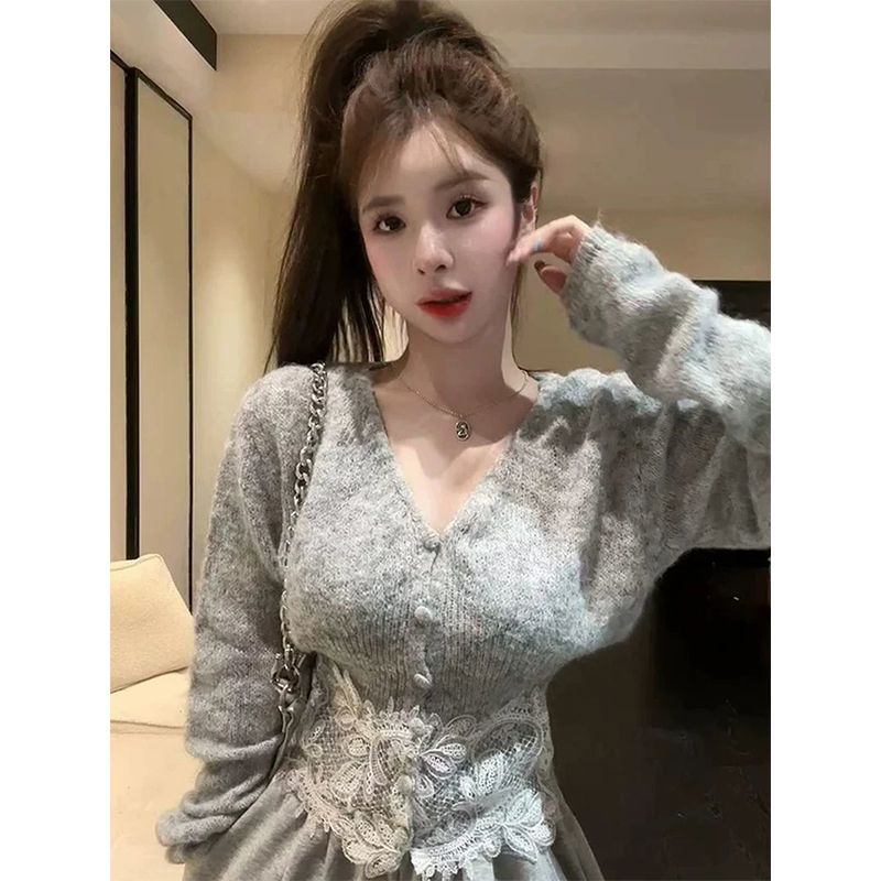 Crop Cardigan Vintage - Kardigan Rajut Renda Wanita Elegan Kerah