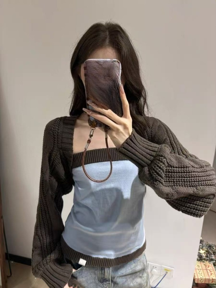 Crop Cardigan Vintage - Set Dua Potong Rajutan Estetika Y2K