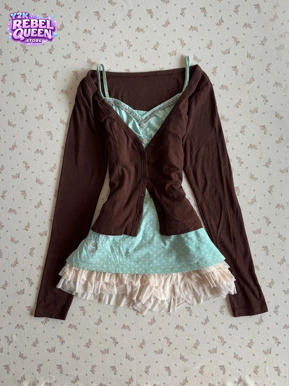Crop Cardigan Vintage - Set Gaun Kamisol Vintage Y2K Coquette