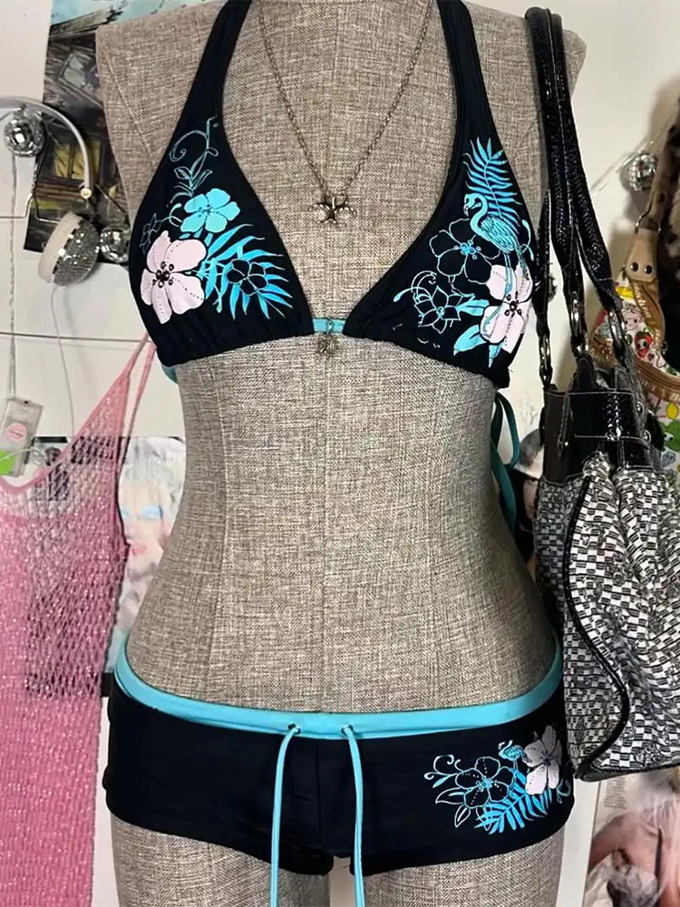 Vintage Fashion Style Female - Vintage Bunga Cetak Manis Set Bikini