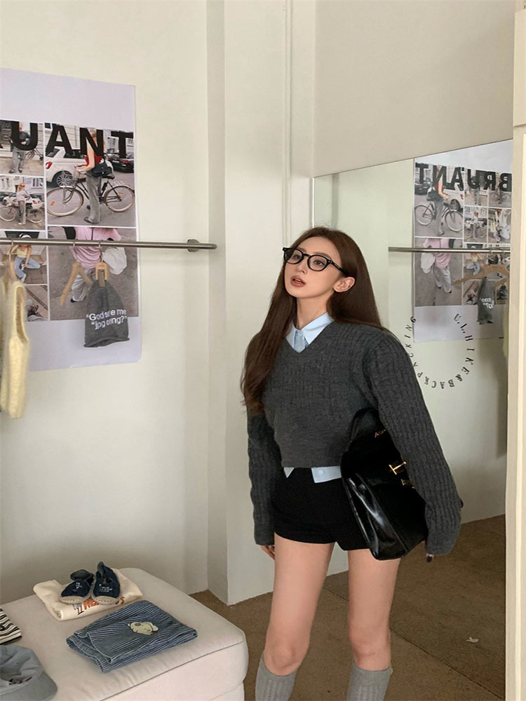 Sweater crop abu-abu dasar wan - Vintage Fashion Style Female ulasan dan harga