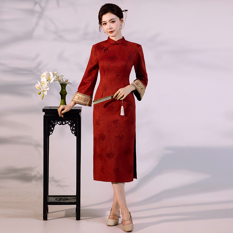 Gaun Qipao Beludru Suede Mewah - Vintage Fashion Gen Z ulasan dan harga