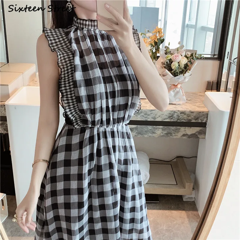 Gaun Tanpa Lengan Kotak-kotak  - Vintage Fashion Runway ulasan dan harga