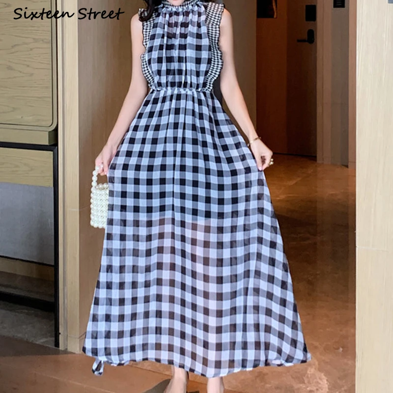 Gaun Tanpa Lengan Kotak-kotak  - Vintage Fashion Runway ulasan dan harga