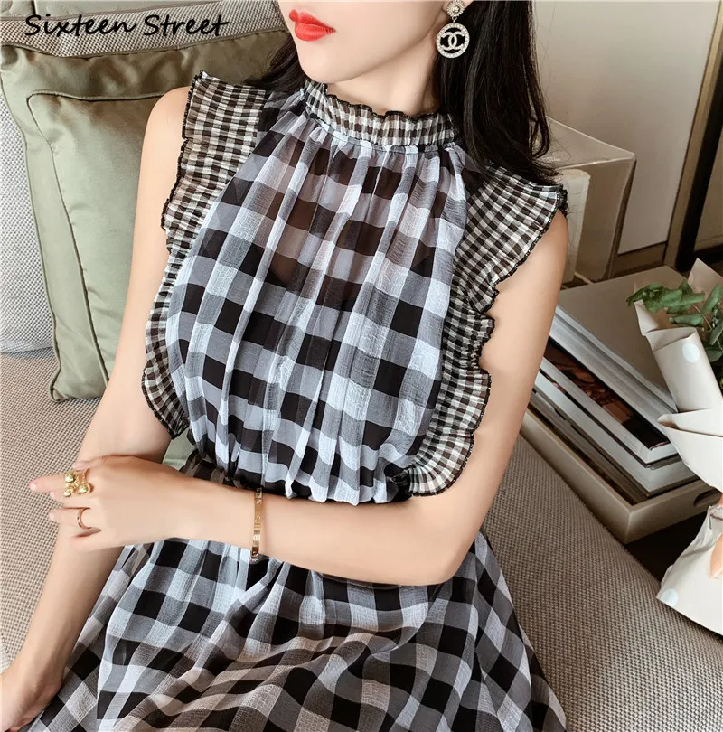 Gaun Tanpa Lengan Kotak-kotak  - Vintage Fashion Runway ulasan dan harga