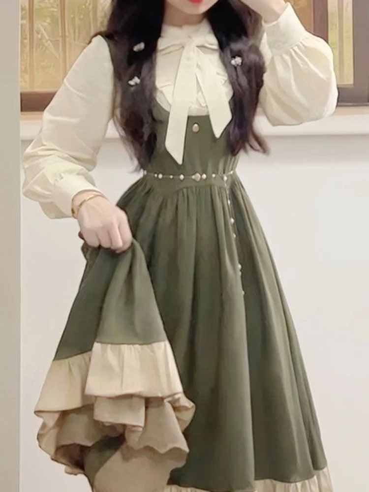 Gaun Tali Desain Lolita Preppy - Vintage Fashion Style Female ulasan dan harga